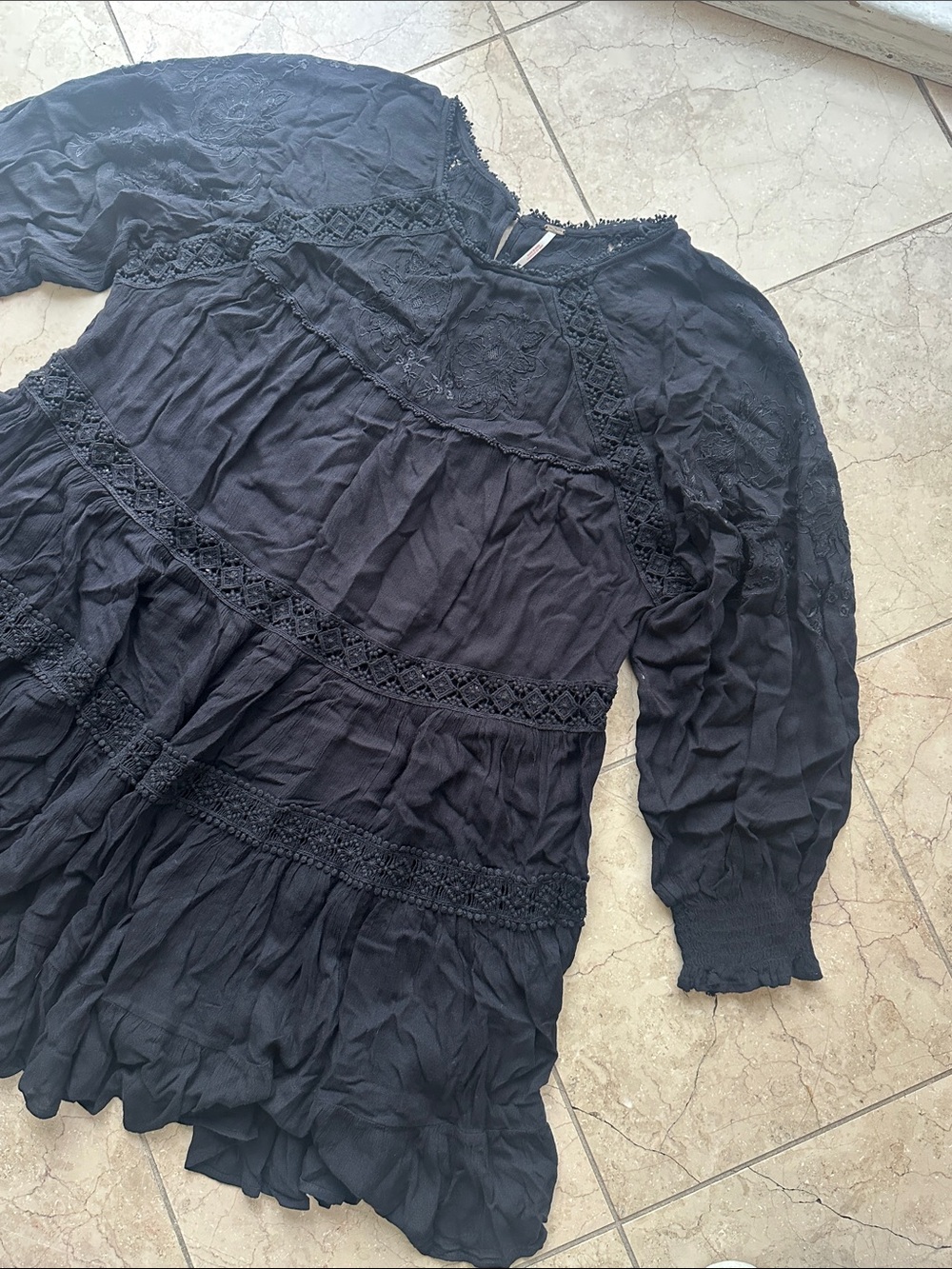 Free People Black Lace-Trim Tiered Mini Dress